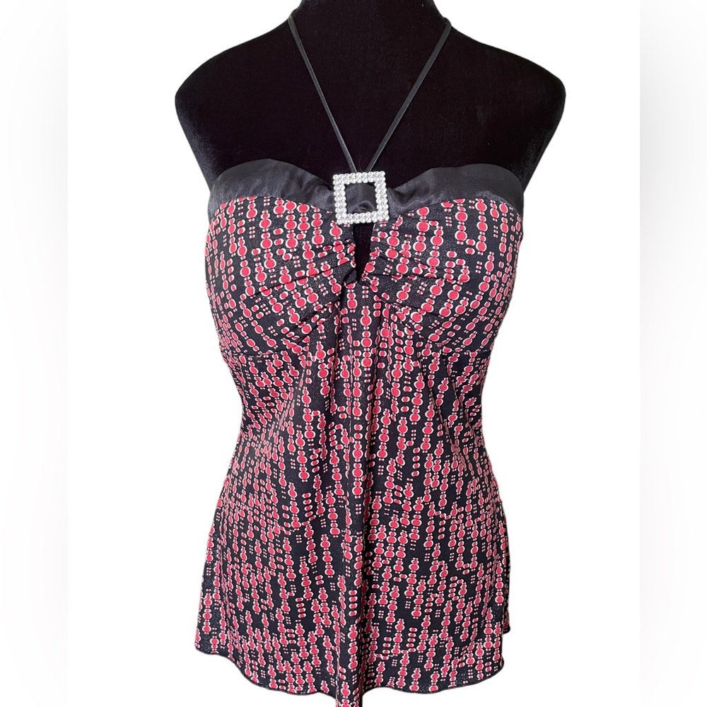Three Pink Hearts Trixxi Y2K Black Red Polka Dot Glitter Grunge Rock Halter Top
